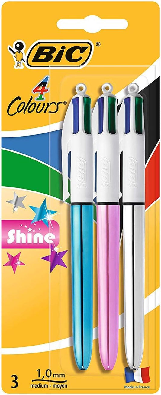 4 Colours Shine Pens, Multicoloured Pen, Retractable Ballpoint Pens, Biro Pens, Medium 1.0Mm, Green, Blue, Black, Red, 3 Pens per Pack, 1 Pack