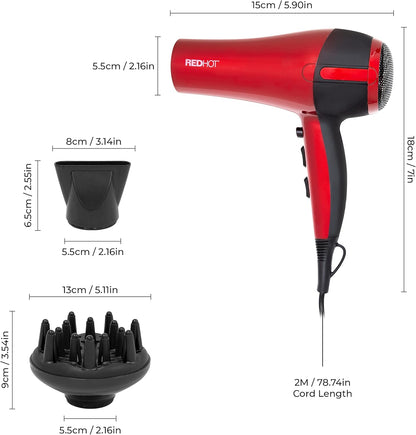 37010 2200W Professional Hair Dryer with Diffuser & Concentrator Nozzles/Dual Styling Options / 3 Heat Settings, 2 Speed Settings & Cool Air Mode/Salon Quality/Red Coloured