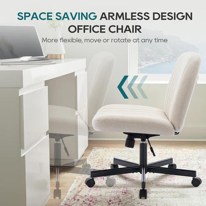 Wide Office Chair, Padded Armless Task Vanity Chair Swivel Home Office Desk Chair 115°Rocking Mid Back Ergonomic Computer Chair for Home Working, Make Up, Gaming (With Wheels, Beige)