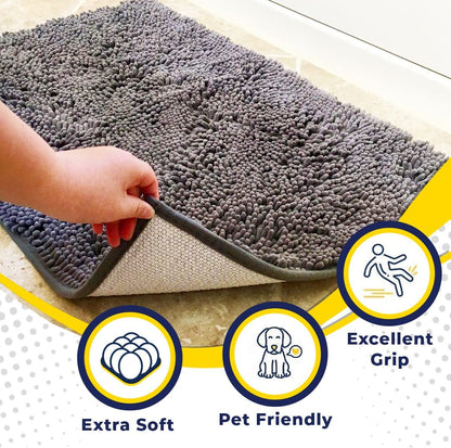 AS-SEEN-ON-TV Highly Absorbent Microfiber Door Mat and Pet Rug, Non Slip Thick Washable Area and Bath Mat Soft Chenille for Kitchen Bathroom Bedroom Indoor and Outdoor - Grey Medium 30"X19"