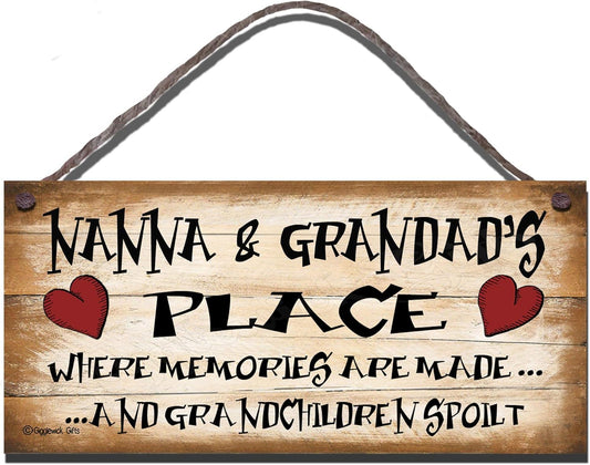 Shabby Chic Wooden Funny Wall Plaque – "Nanna and Grandad'S Place Where Memories Are Made and Grandchildren Spoilt" – Heartwarming Gift for Grandparents, Birthday Sign