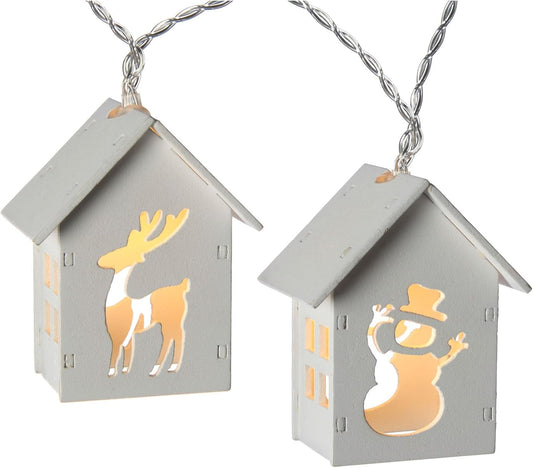 Reindeer and Snowman Wooden House Light String with 10-LED - White