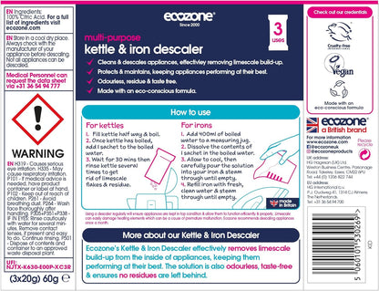 Kettle and Iron Descaler, Internal Cleaner & Scale Remover for Kitchen & Home Appliances, Limescale Prevention Sachets, Easy to Use, Natural Vegan & Non Toxic Eco-Safe Formula (3 Treatments)