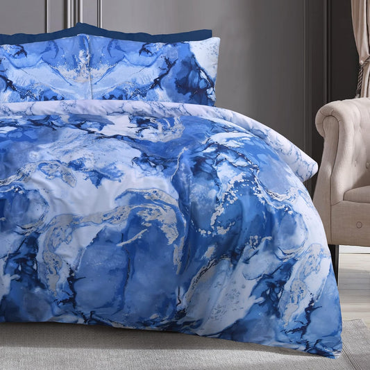 Metallic Marble Sparkle Glitz Blue Silver Reversible Soft Easy Care Duvet Cover Quilt Bedding Set with Pillowcase - Single (135Cm X 200Cm)