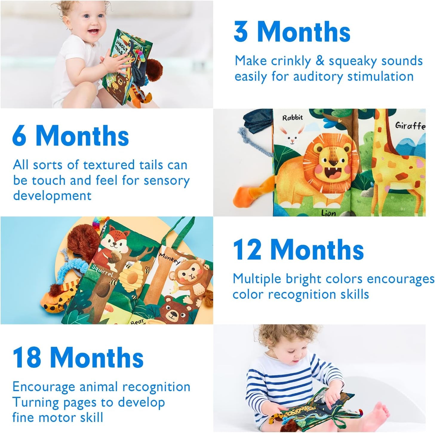 Baby Book Baby Toys Jungle Tails Sensory Books for Babies Touch and Feel Soft Books, Crinkle Paper Baby Essentials for Newborn Infants Toys, Newborn Gifts for 0 3 6 12 Months Boys Girls