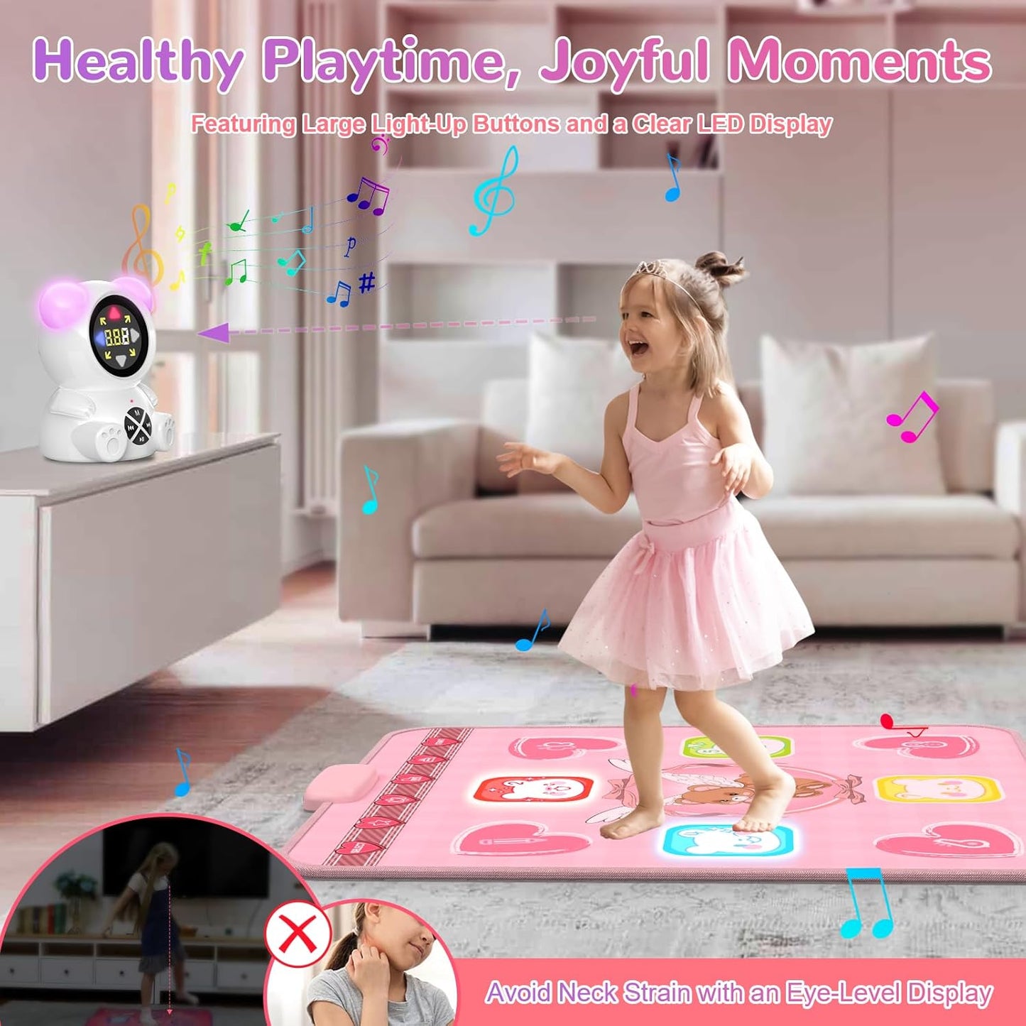 Rechargeable Dance Mat Toys for Girls, Light up Dance Pad with Wireless Bluetooth, 5 Game Modes, Adjustable Volume & LED Lights, Xmas B-Day Gifts for 3-12 Years Old Kids (Pink)