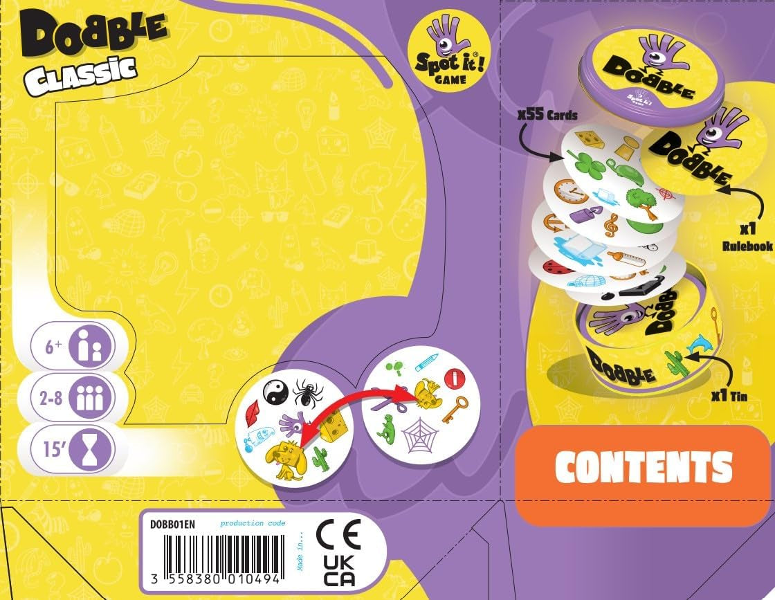| Dobble | Card Game | Ages 6+ | 2-8 Players | 15 Minutes Playing Time