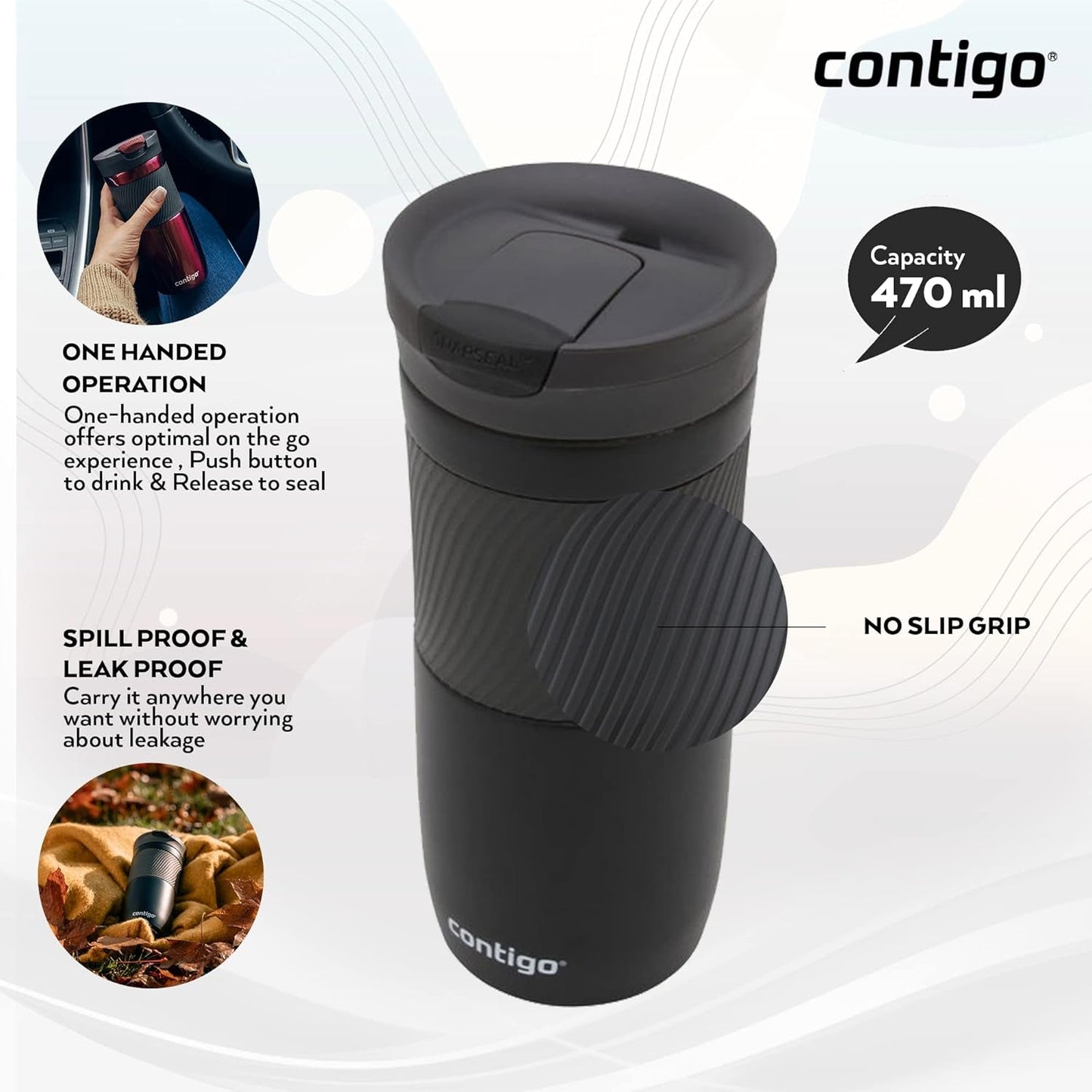 Byron Snapseal Travel Mug | Stainless Steel Thermal Mug | Vacuum Flask | Leakproof Tumbler | Coffee to Go Mug with BPA Free Easy-Clean Lid