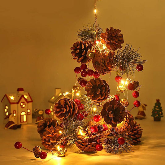 Christmas Garland with Lights,20 LED 6.56 FT Christmas Decorations Indoor Pinecones Christmas Light,Battery Operated Wreath Christmas Decor for Home Table Fireplaces Stair Railings Mantel