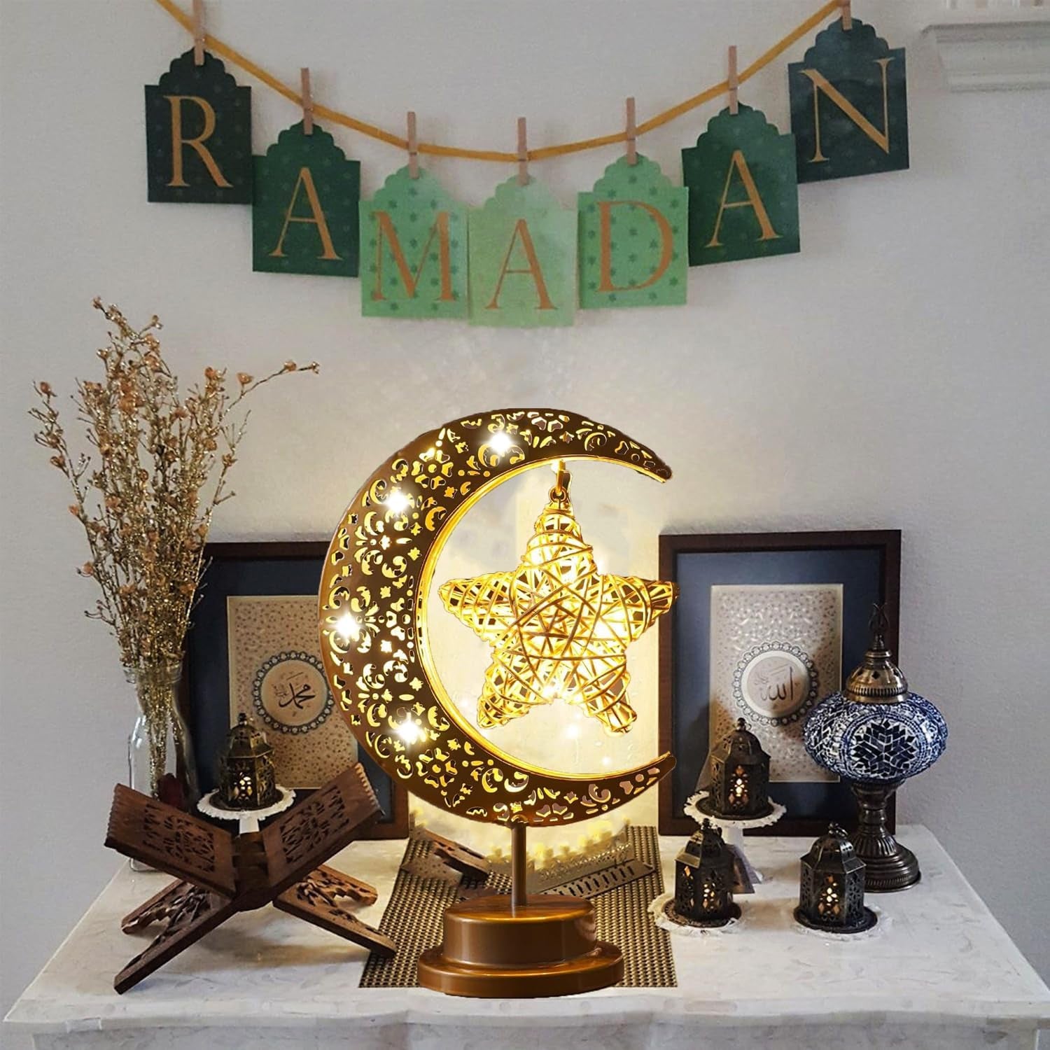 Ramadan Lights, Eid Decorations, Moon Table Lamp, Ramadan Decorations for Home, Eid Gifts for Kids, Family, Battery Operated Moon Lamp, Retro Metal Ramadan Moon Star Lights, Eid Mubarak Decorations