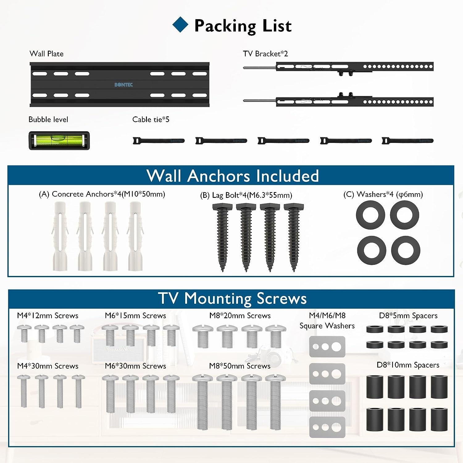 Ultra Slim TV Wall Bracket, Tilting TV Wall Mount for 23-60 Inch Tvs, Low Profile TV Bracket, Max VESA 400X400Mm, Holds up to 45Kg, Spring Locking System, Includes 5 Cable Ties