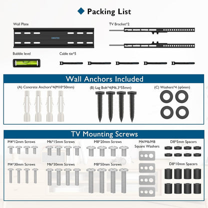 Ultra Slim TV Wall Bracket, Tilting TV Wall Mount for 23-60 Inch Tvs, Low Profile TV Bracket, Max VESA 400X400Mm, Holds up to 45Kg, Spring Locking System, Includes 5 Cable Ties