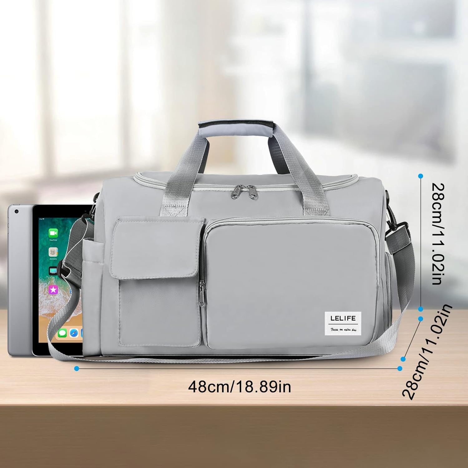 Gym Bag, Travel Bag with Wet Pocket, Portable Overnight Bags for Women, Waterproof Lightweight Gym Bag Mens for Weekender, Vacation(Grey)