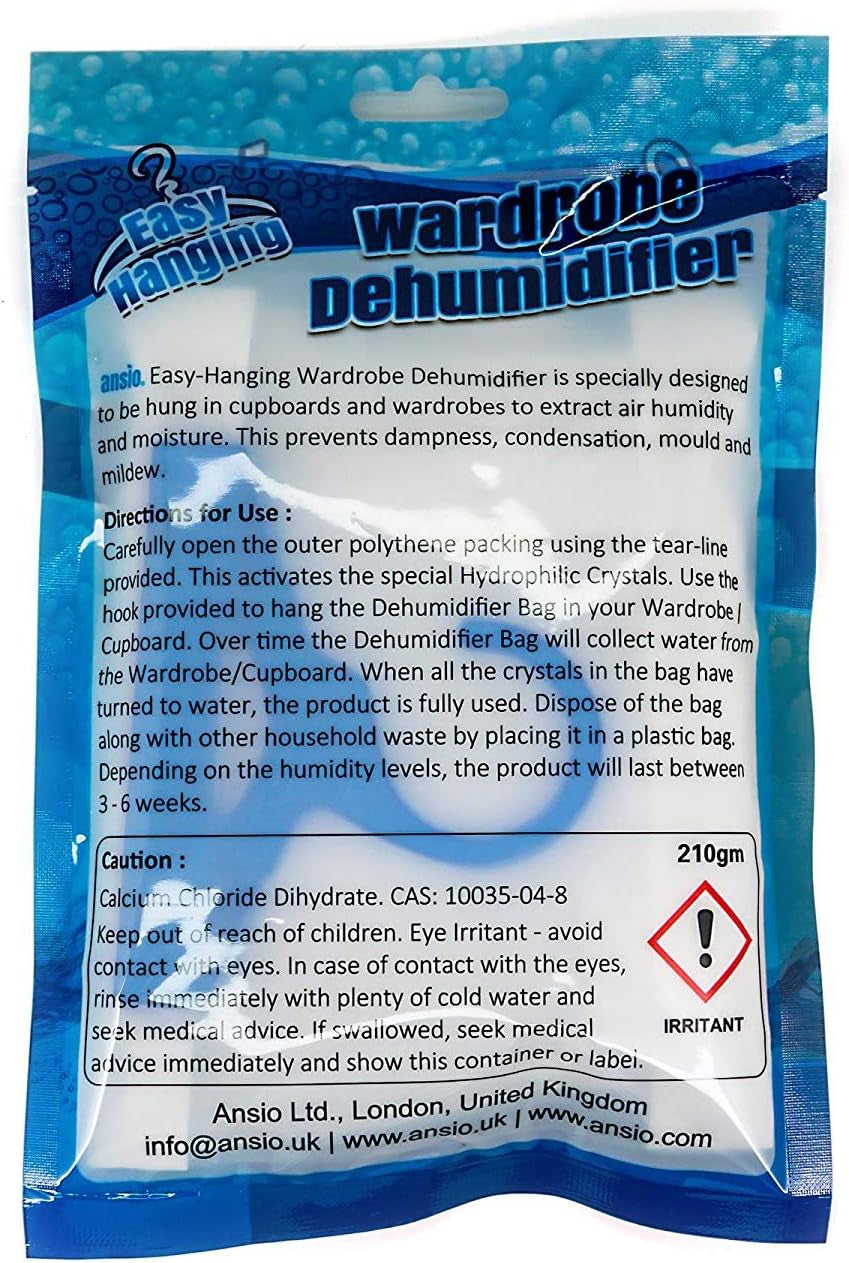 Wardrobe Dehumidifier Hanging Bags Pack of 12 Moisture Absorbers, Trap, Condensation, Dehumidifiers for Damp, Mould, Bedroom, Caravan, Bathroom, Basement, Office – 210G Each