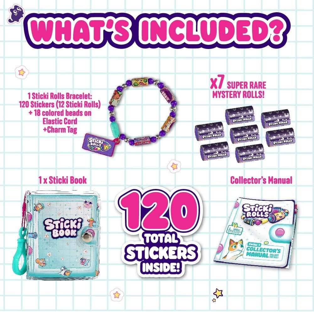 Sticki Rolls Sticki Book, Wearable & Shareable Sticker Bracelet, 120 Mini Stickers, Bracelet and Sticki Book, Assorted Colours and Styles, Packaging May Vary