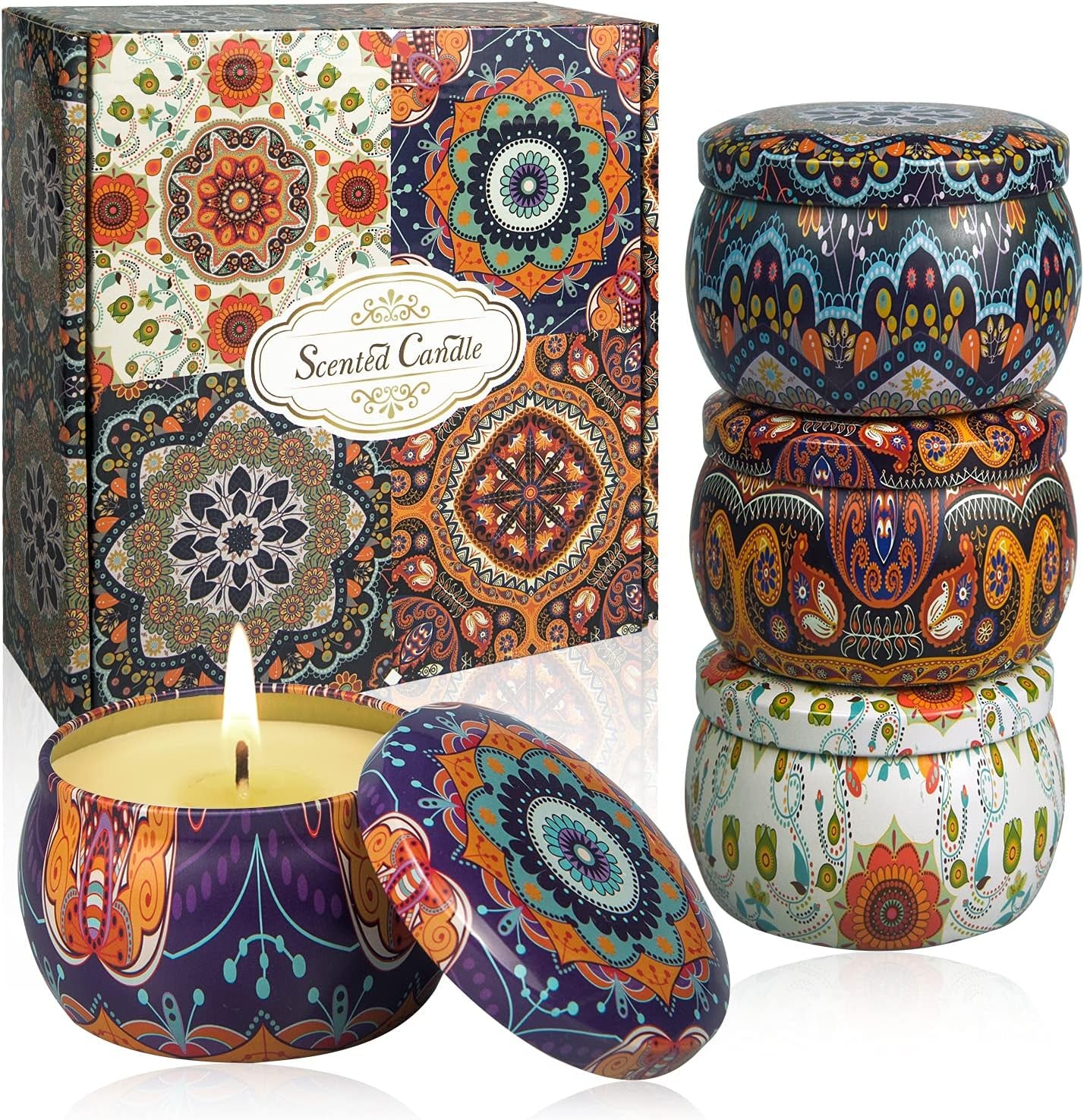 Scented Candles Home Gift Set: Aromatherapy Candle 4 Cans Made of 100% Natural Soy Wax 4.4 Oz for Birthday Gifts for Women Stress Relief Christmas Vanilla Rose Orange Lemon
