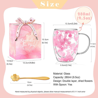 Gifts for Women Dried Flowers Double Wall Glass Coffee Mugs Cute Glass Tea Cups with Handles Autumn Mug Christmas Birthday Gifts for Best Friend Teacher Mum Gifts New Home Gift Ideas Home Decor