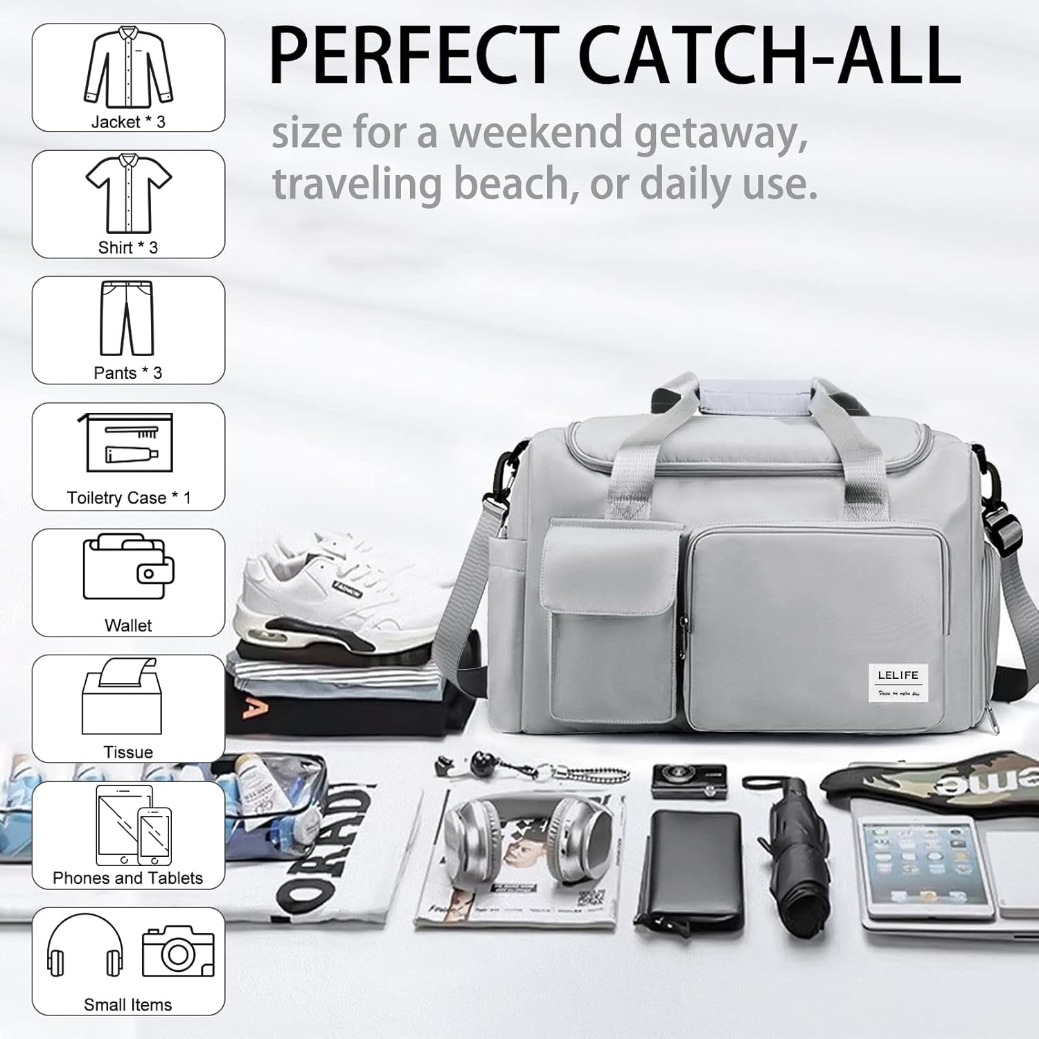 Gym Bag, Travel Bag with Wet Pocket, Portable Overnight Bags for Women, Waterproof Lightweight Gym Bag Mens for Weekender, Vacation(Grey)