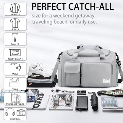 Gym Bag, Travel Bag with Wet Pocket, Portable Overnight Bags for Women, Waterproof Lightweight Gym Bag Mens for Weekender, Vacation(Grey)