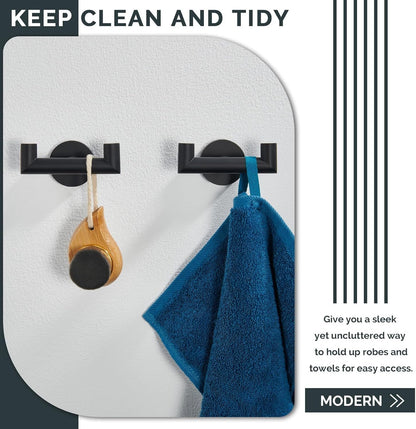 Double Door Hooks for Bathrooms, Matte Black Hooks for Kitchen Bathroom, SUS304 Stainless Steel Coat Hook, Heavy Duty Towels Holder for Hanging Towel, Coats,Sponges, Clothes, Wall Mount, 2 Packs