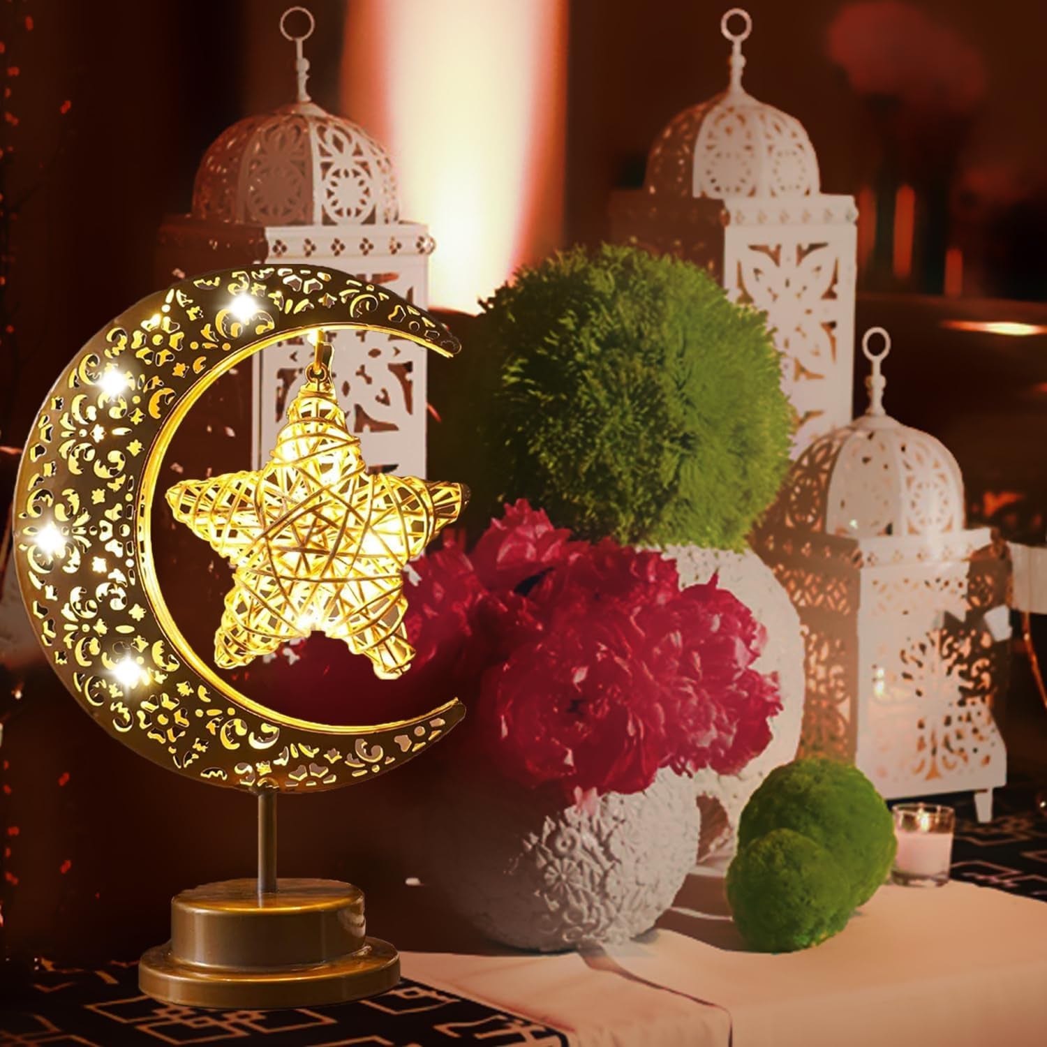 Ramadan Lights, Eid Decorations, Moon Table Lamp, Ramadan Decorations for Home, Eid Gifts for Kids, Family, Battery Operated Moon Lamp, Retro Metal Ramadan Moon Star Lights, Eid Mubarak Decorations