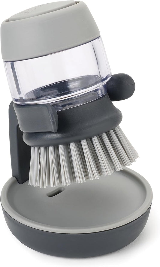 Palm Scrub Refillable Soap Dispensing Cleaning Washing up Kitchen Brush with Storage Stand Holder, Grey