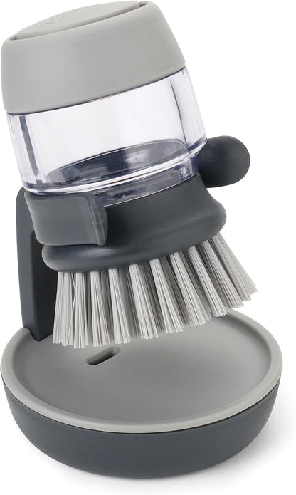 Palm Scrub Refillable Soap Dispensing Cleaning Washing up Kitchen Brush with Storage Stand Holder, Grey