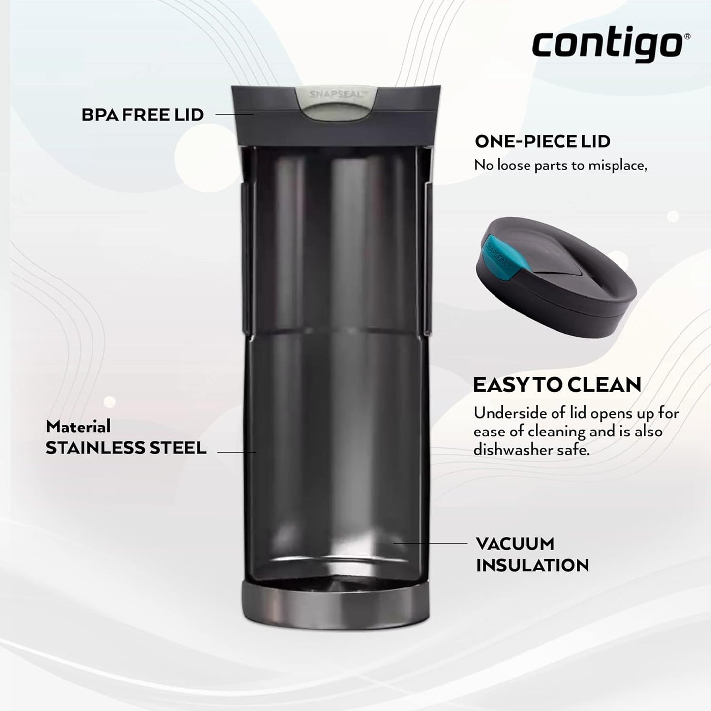 Byron Snapseal Travel Mug | Stainless Steel Thermal Mug | Vacuum Flask | Leakproof Tumbler | Coffee to Go Mug with BPA Free Easy-Clean Lid