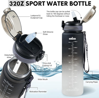 1L Water Bottle with Straw,Plastic Drinks Bottle,1 Litre Sports Water Bottles with Time Markings,Girls Boys Waterbottle Leak-Proof & Bpa-Free for Gym,Cycling, Office, Outdoor