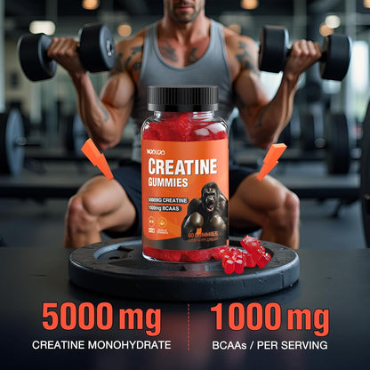 Creatine Gummies 5000Mg Creatine Monohydrate with 1000Mg Bcaas per Serving for Men & Women, Vegan & Sugar-Free, Easy Pre/Post Workout Gym Support for Performance and Muscle Power, 60 Count