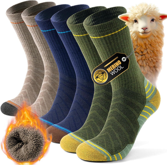 Mens Thermal Socks Womens Merino Wool Socks Thick Warm Winter Socks Cushioned Crew Socks for Work Hiking Walking Skiing Running and Outdoor Sports, 3 Pairs
