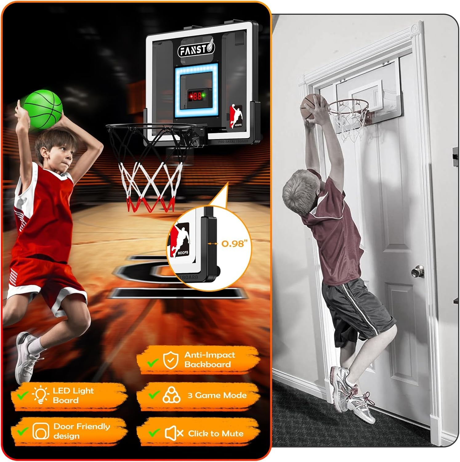 Indoor Basketball Hoop for Kids, over the Door Basketball Hoop with LED Cheering, Anti-Impact, 2 Game Mode& Mute Mode, Mini Door Room Basketball Toy Gift with 4 Ball for 5 6 7 8 9 10 11 12 Old Boys