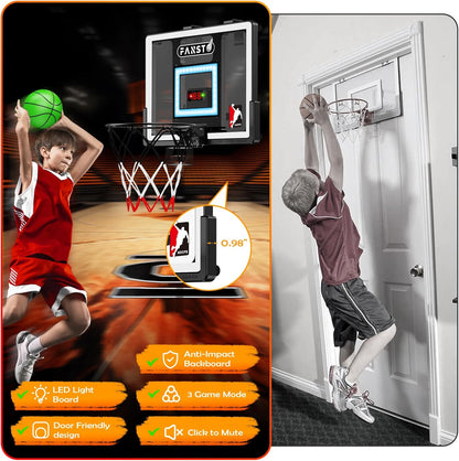 Indoor Basketball Hoop for Kids, over the Door Basketball Hoop with LED Cheering, Anti-Impact, 2 Game Mode& Mute Mode, Mini Door Room Basketball Toy Gift with 4 Ball for 5 6 7 8 9 10 11 12 Old Boys