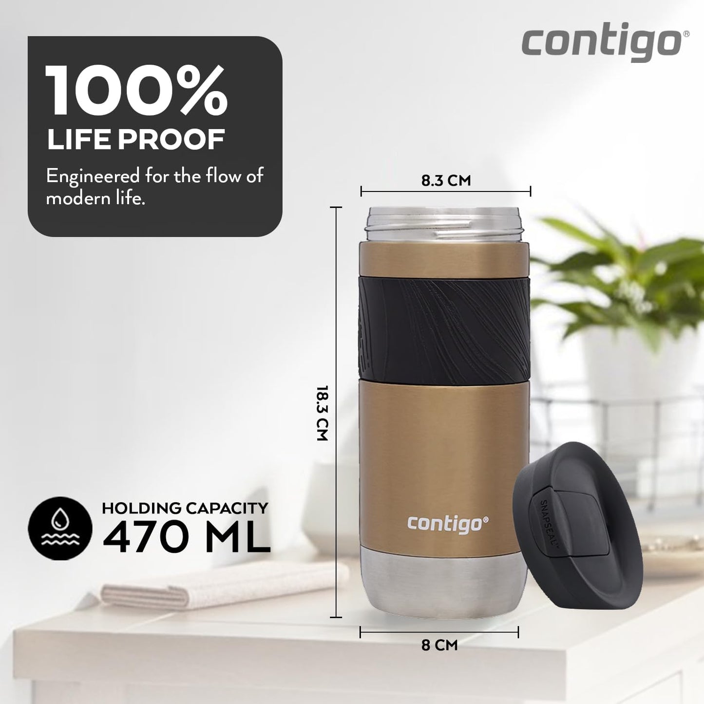 Byron Snapseal Travel Mug | Stainless Steel Thermal Mug | Vacuum Flask | Leakproof Tumbler | Coffee to Go Mug with BPA Free Easy-Clean Lid
