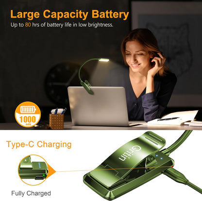 9 LED Clip on Book Light, 3 Eye-Protecting Modes Flexible Reading Light Book Lamp (Warm&Cool White) -Stepless Dimming, Rechargeable, Long Battery Life, 4-Level Power Indicator-Intense Green