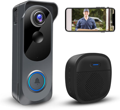 Wireless Video Doorbell Camera with Chime, Voice Changer/Message, PIR Motion Detection, Instant Alerts, 2-Way Audio, 2K HD, Night Vision, 2.4G Wifi, IP66, Battery Powered, Works with Alexa