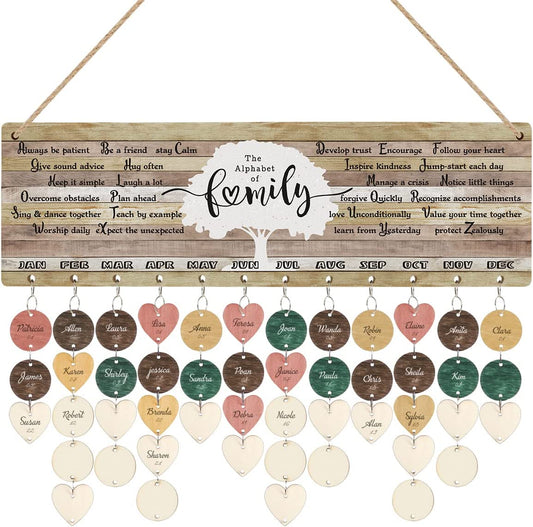 the Alphabet of Family Birthday Reminder Calendar, Wooden Birthdays Reminder Calendar, Birthday Reminder Wall Hanging with 100 Heart/Circle Tags, Birthday Reminder New Home Gift Wall Decor