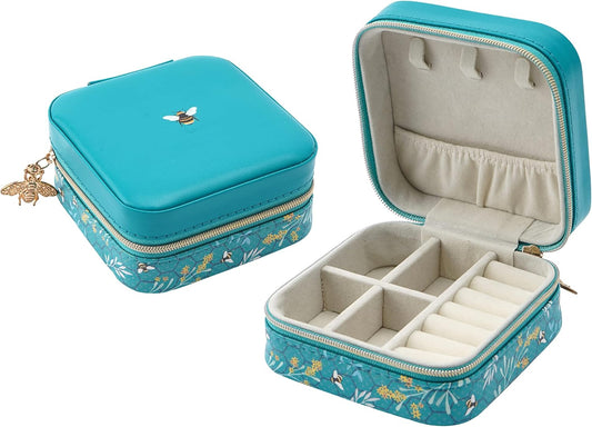 Square Travel Jewellery Box Case | Bee Design | Teal | Ladies Accessory | Organiser | Gift for Her | the Beekeeper GB06969