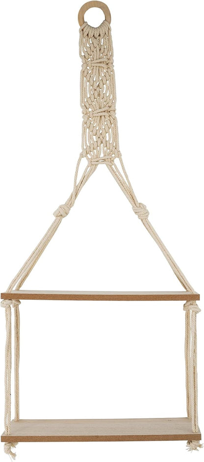 2 Tier Hanging Floating Macrame Rope Shelf Wooden Storage Kitchen Wall Boho Decor Gift (HANGING SHELF 30X10X72 Cm)