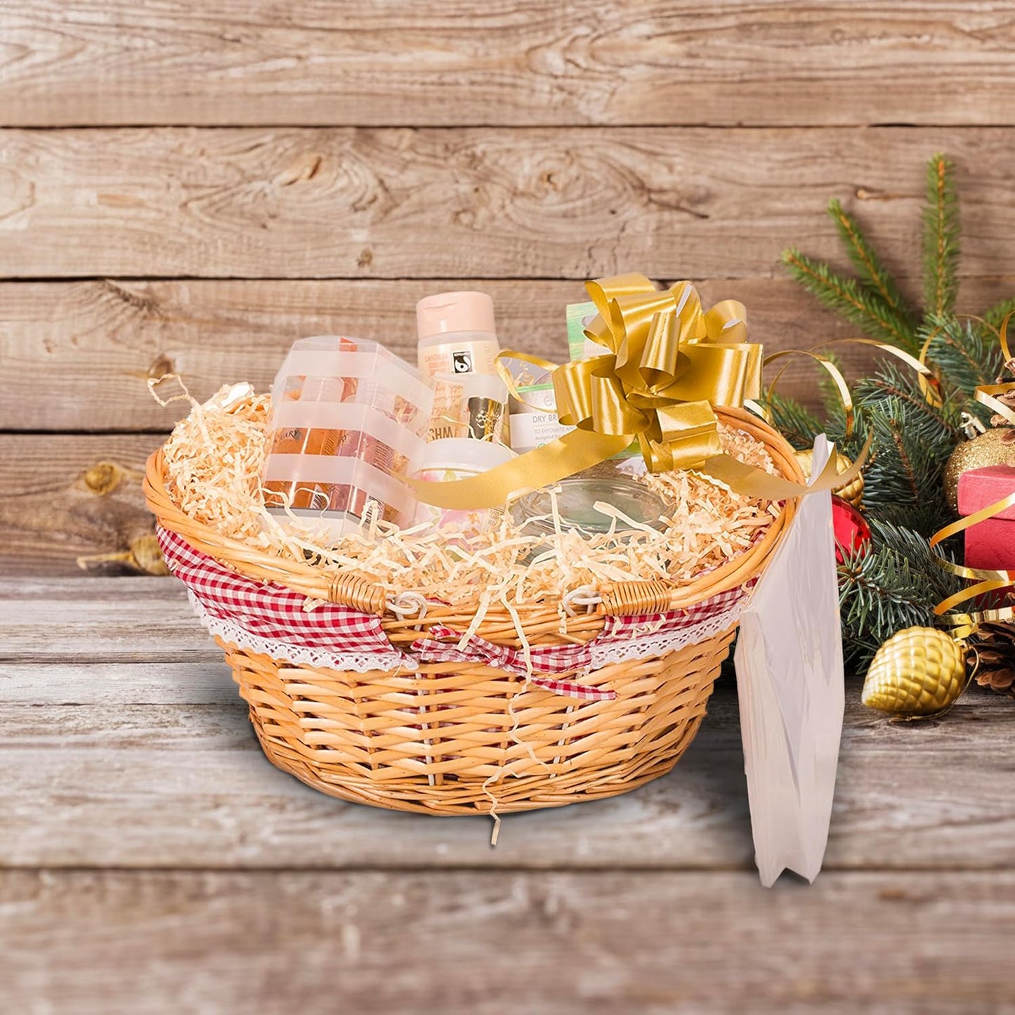 Honey Foldable Handles Wicker Shopping Baskets Gift Hamper with Fabric Lining Reusable One Size (Basket with Gift Packaging Accessories)