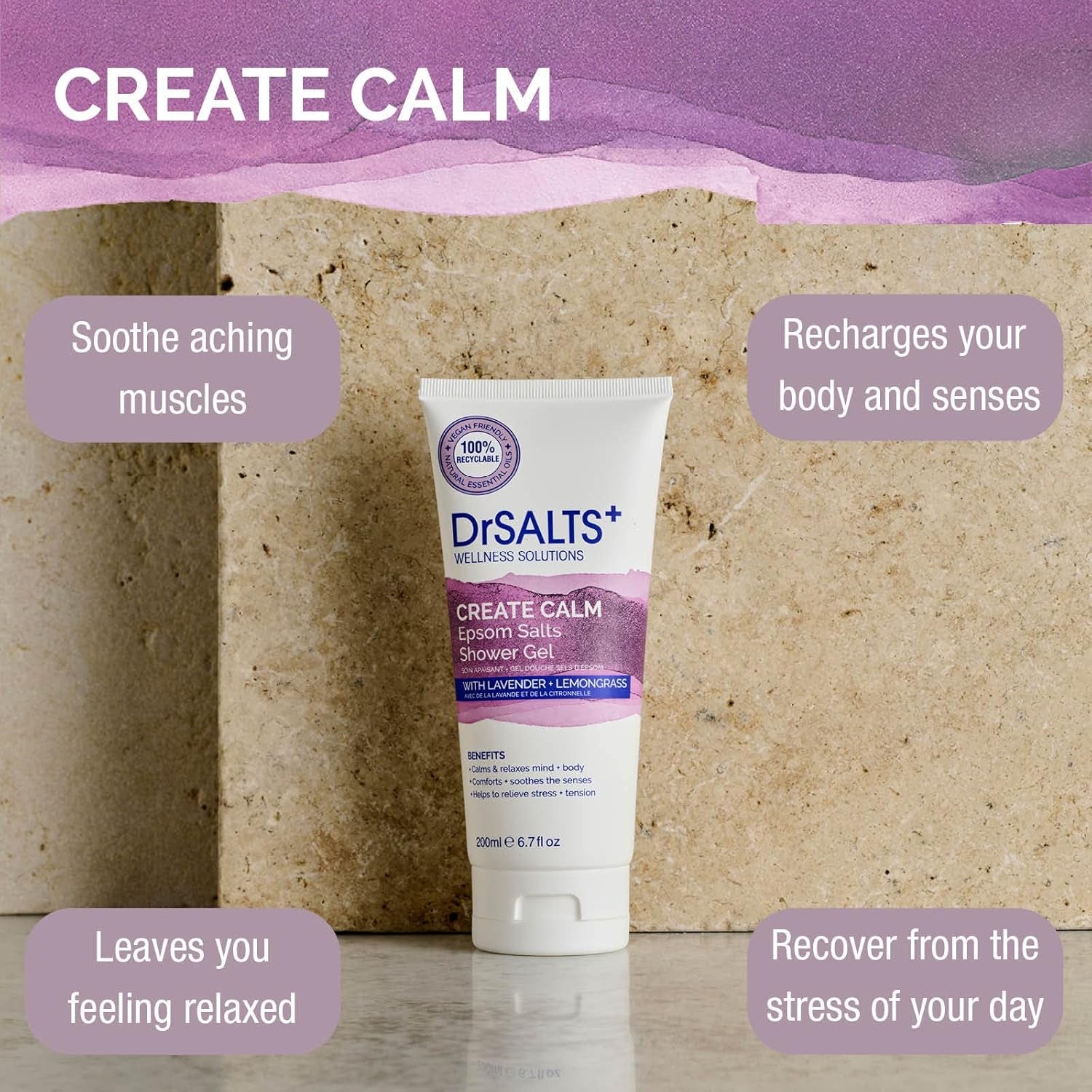 Drsalts+ Create Calm Shower Gel - Soothing Epsom Salts to Relax Body & Mind with Lavender, Chamomile & Lemongrass Essential Oils - Vegan & Cruelty-Free, 200Ml