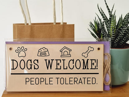 Handmade Wooden Hanging Wall Plaque Dogs Welcome People Tolerated Funny Cute Sign Pet Lover Dog Mum Dad