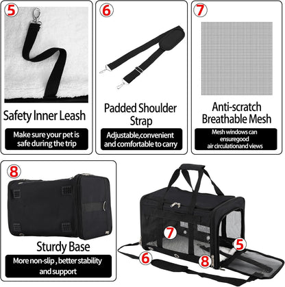 Soft Sided Foldable Cat/Dog/Pet Carrier Bag, Portable Puppy/Pets Travel Carriers for Cats/Dogs with Shoulder Strap & Removable Mat, Durable Cat Basket of 17 Lbs Airline Approved - Black, M