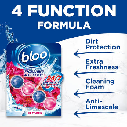 Power Active Toilet Rim Block Fresh Flowers, with Anti-Limescale, Cleaning Foam, Dirt Protection and Extra Freshness - Pack of 3 Rimblocks