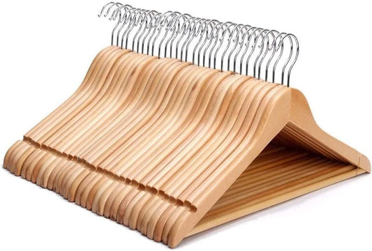 Strong Wooden Coat Hangers with 360 Degree Rotatory Hook & round Trouser Bar & Shoulder Notches - Durable Wardrobe Space Saver - Suitable for Coat, Jacket, Suit, Jumper (20 Pack)