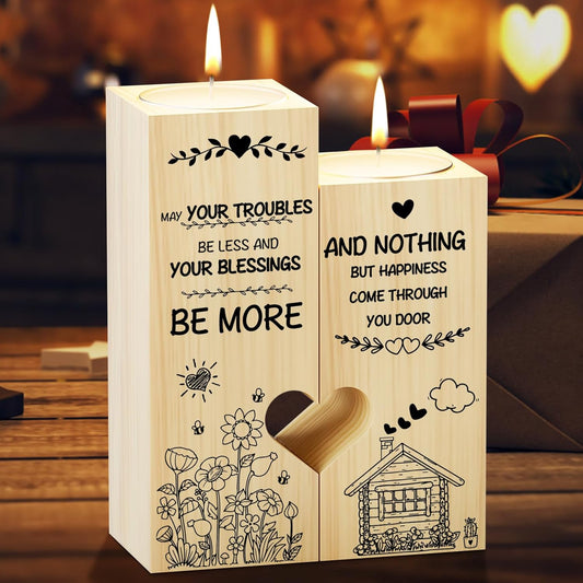 New Home Gifts, Wooden Heart Shaped Candle Holder Housewarming Gift for New Home,Warm Engraved Moving in Gift, House Warming Gift for Couple Friends Family
