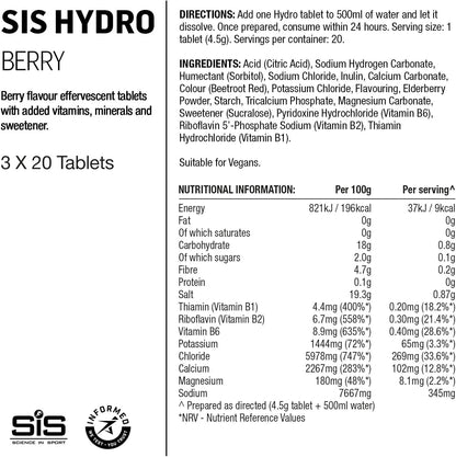 Hydro Hydration Tablets, Gluten-Free, Zero Sugar, Berry Flavour plus Electrolytes, 20 Effervescent Tablets per Bottle (3 Bottles)