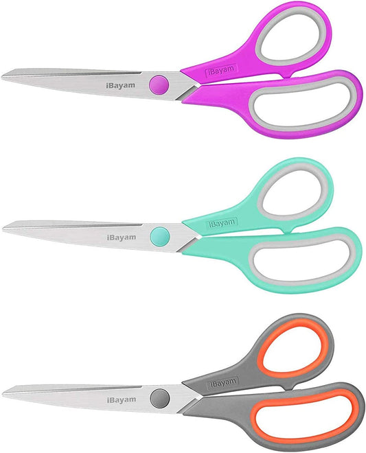 8" Multipurpose Scissors 3 Pack with Ultra Sharp Blades, Comfort-Grip Handles, Sturdy for School Home Office Art Craft Sewing Tailor Heavy Duty