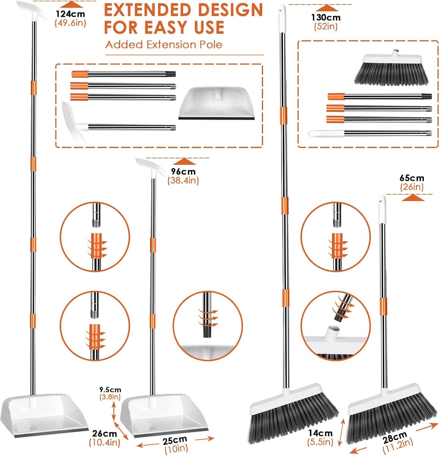 Broom and Dustpan - Long Handled Dustpan and Brush Set, 130 Cm Long Handle Sweeping Broom Indoor, Dust Pan and Brush Combo for Home Lobby Kitchen Office Floor Cleaning
