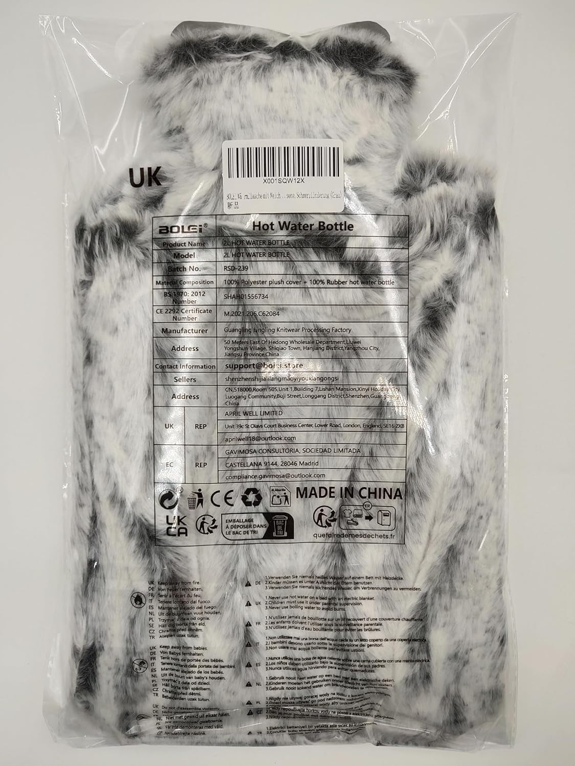 Hot Water Bottle with Luxury Cosy Faux Fur Cover,2L Leakproof Large Hot Water Bag for Neck,Shoulder,Hand Feet Warmer,Ideal for Women,Men(Grey)